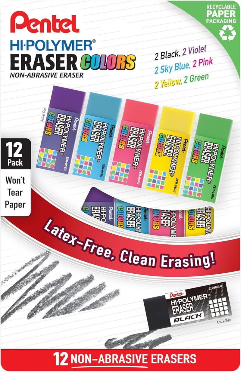 Pentel Hi-Polymer Block Eraser Colors Small, Assorted Colors, 12 Count (ZEH05CRPF12M) - Image 1